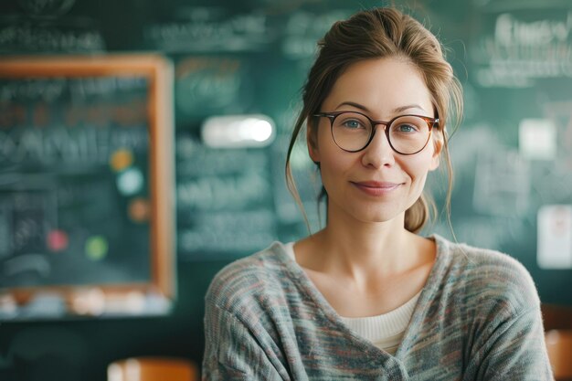 Foto docente donna alla sua scrivania in una classe