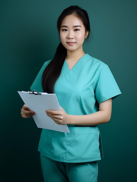 A woman in a teal scrubs holds a clipboard with a clipboard that says'i'm a nurse '