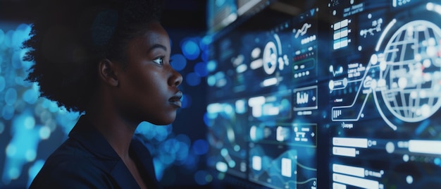 女性技術者はハイテクの仕事に没頭してデジタルスクリーンで未来的なデータを分析しています