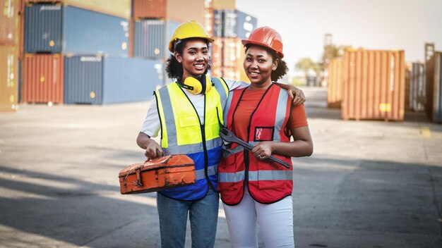 Woman Technician or maintenance worker hold mechanic tool box near old carg