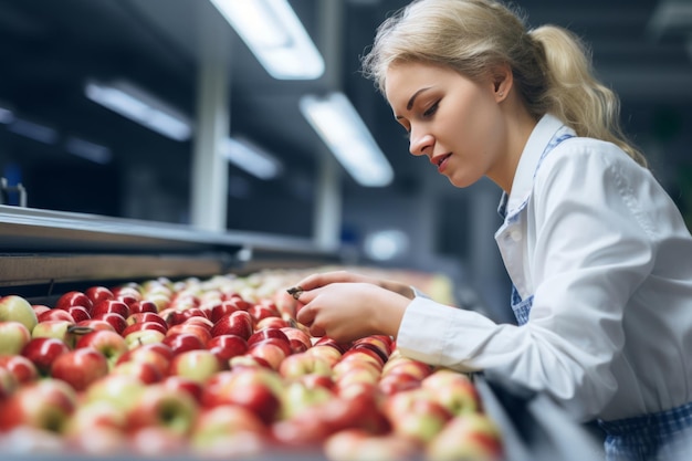 Фото Женщина-технолог, работающая на складе фруктов, проверяющая контроль качества, контроль завода по переработке продуктов питания