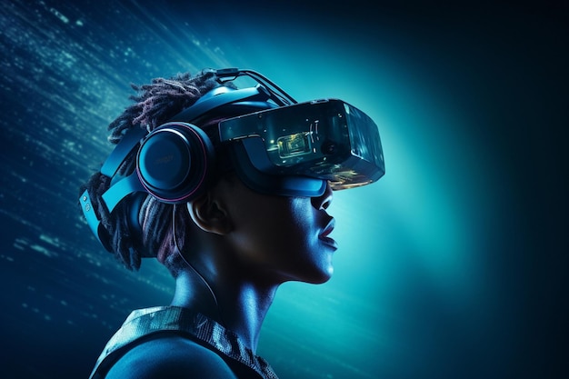 Woman technology reality female entertainment future cyberspace glasses virtual futuristic headset concept equipment innovation game young device digital computer tech modern vr