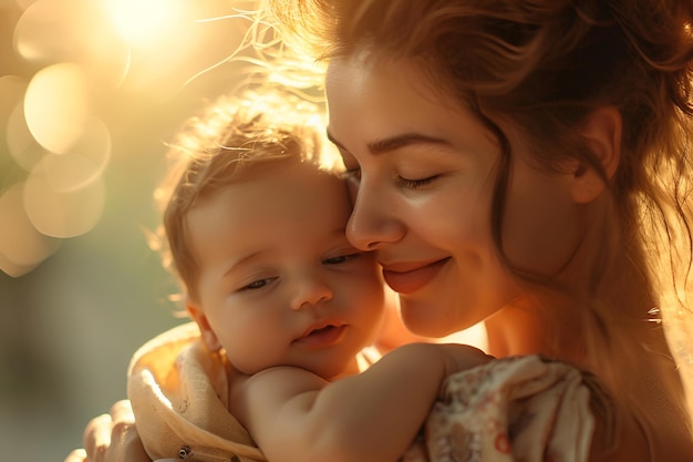 A woman tenderly embraces her baby capturing the special bond between mother and child