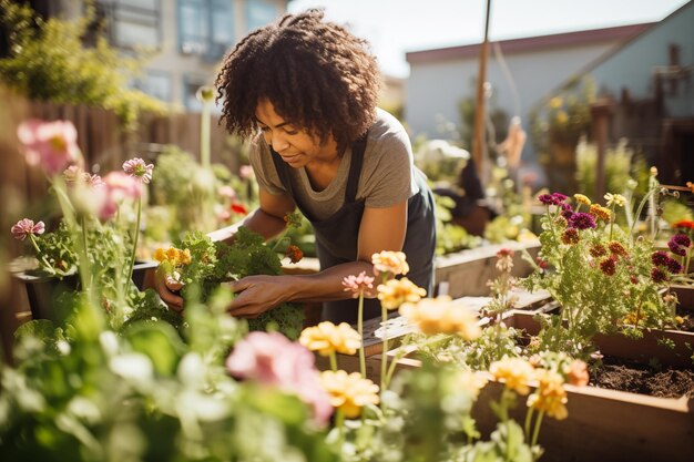 Photo woman tending to community garden nurturing plants and flowers generative ai