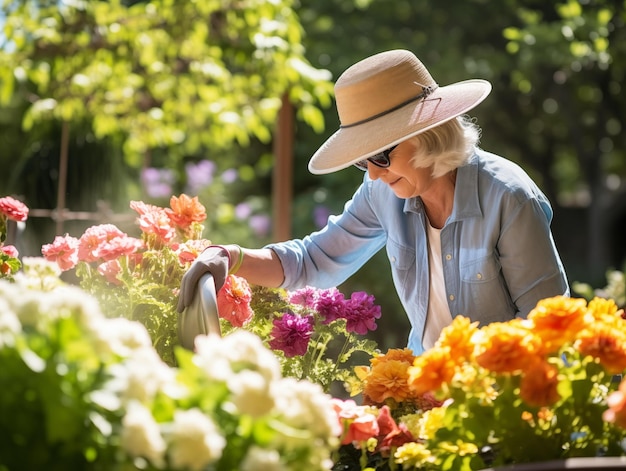 Photo a woman tending to her garden on a sunny day