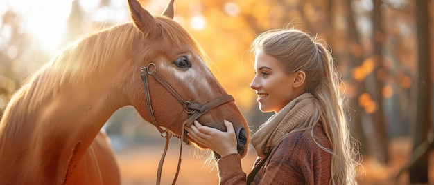 A woman tending to a horse