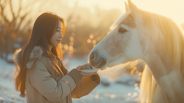 Photo a woman tending to a horse