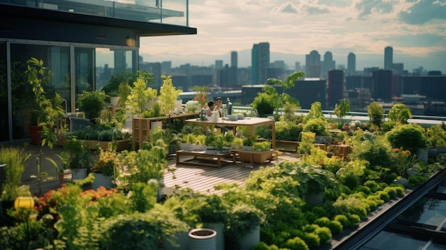 Woman Tending to Plants in a Rooftop Garden