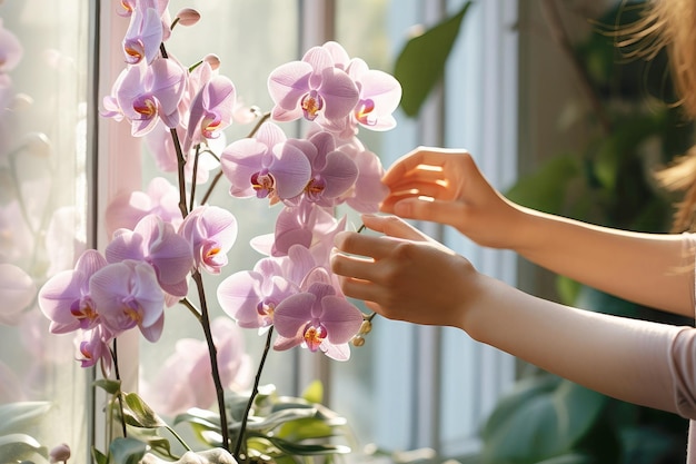 Foto una donna si prende cura di un'orchidea phalaenopsis in fiore