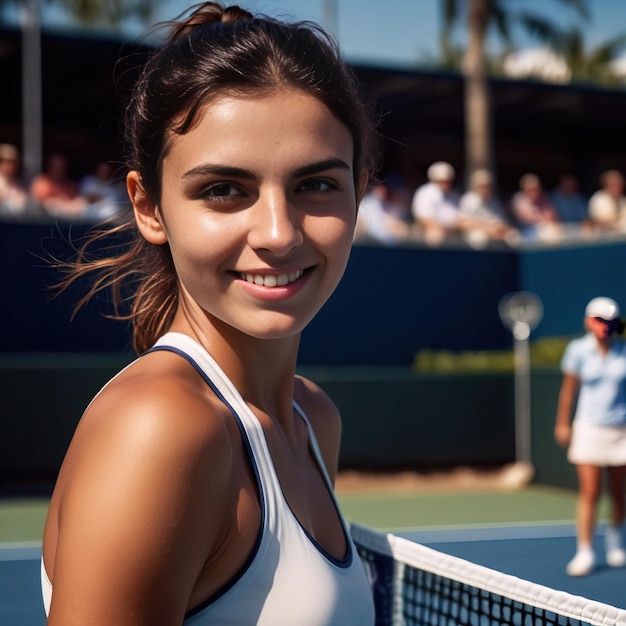 Теннисистка улыбается.