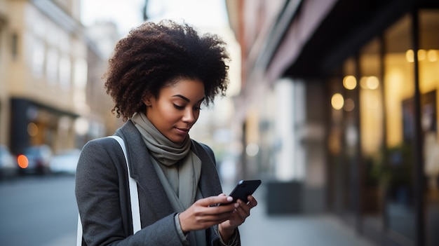 a woman texting on her phone on a city street.