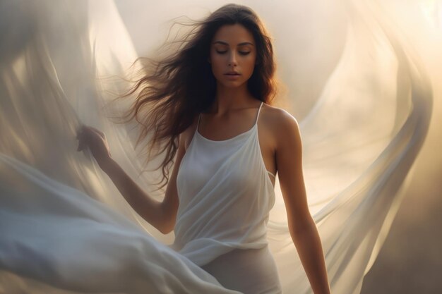 Photo a woman that is standing under a sheet of cloth in the sky