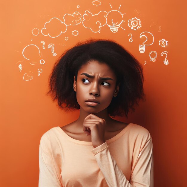 woman thinking and confused with question mark looking up with thoughtful focused expression