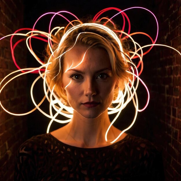 Foto donna che pensa, creatività e ispirazione mostrate dalla pittura luminosa intorno alla testa