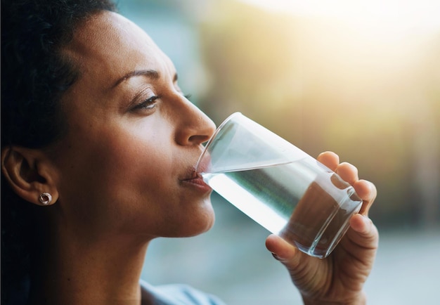 woman thinking and home with drinking water in glass for wellness wellbeing and hydration profile female person and satisfied with self care for thirst health and clam energy in lens flare