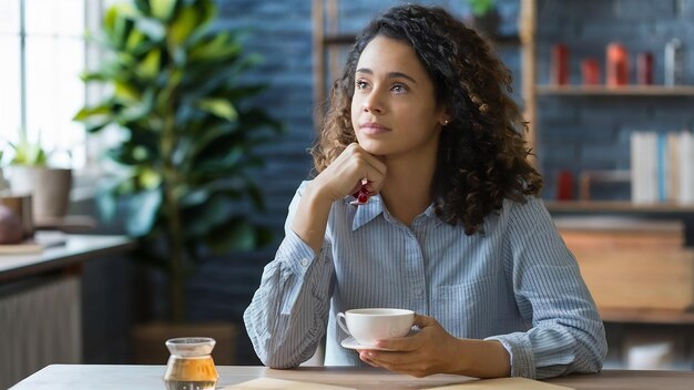 Woman thinking with a cup of tea