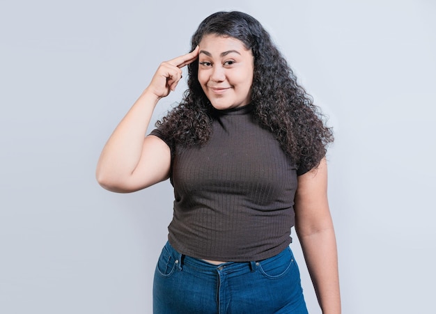 Woman thinking with finger on head isolated Smiling people thinking with finger on head on white background