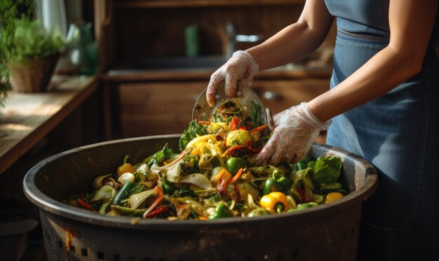 Photo woman throwing biowaste in the trash with gloves