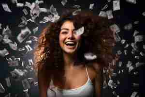 Photo woman throwing dollar bills in office rain money