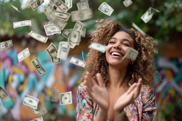 Photo woman throws money into the air