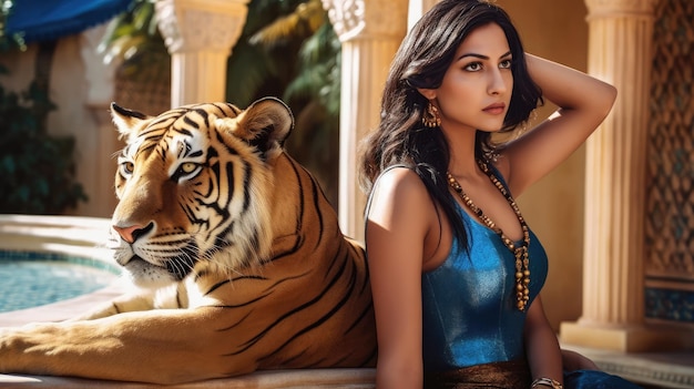 A woman and a tiger are standing next to each other.