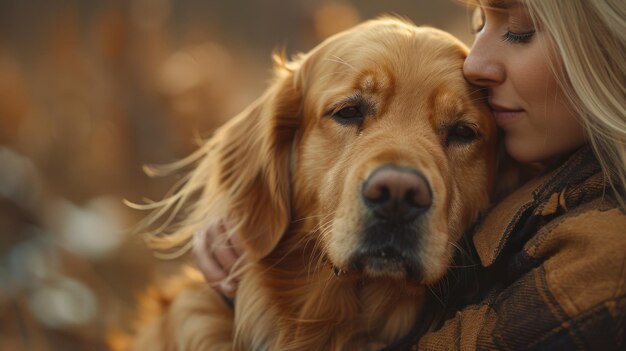 A woman tightly embraces a dog in a grassy field under the clear sky