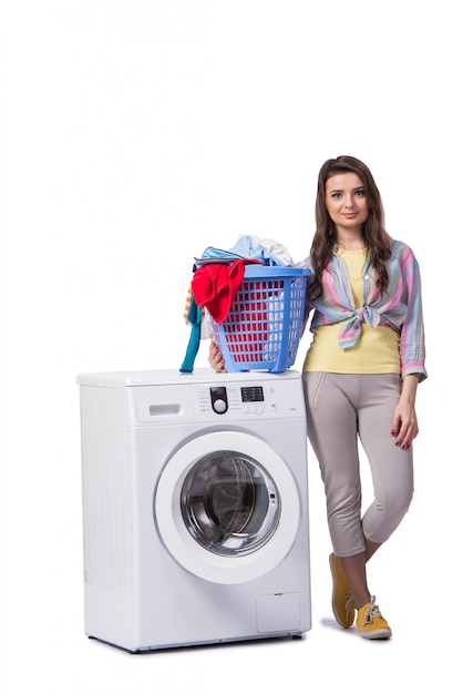 Woman tired after doing laundry isolated on white