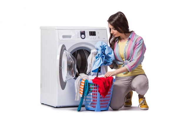 Woman tired after doing laundry isolated on white