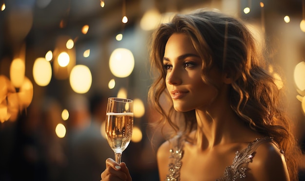 Woman toasting with celebration champagne at event or party with friends wine for success