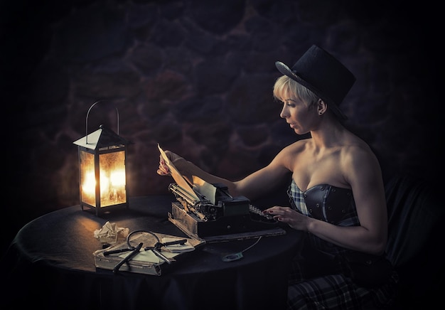 Woman in top hat reading a letter