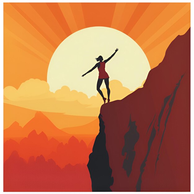 Woman on the top of a mountain peak Achievement concept illustration