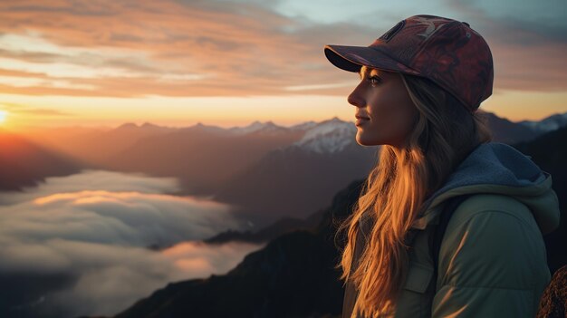 a woman on top of a mountain peak with view of clouds and sunrise