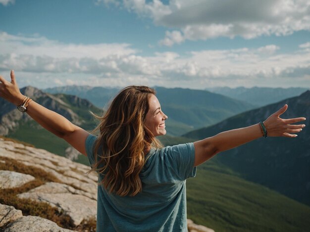 woman on top of a mountain with open arms