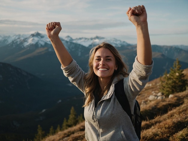 woman on top of a mountain with open arms