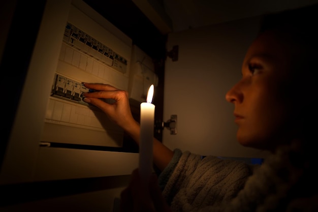 Женщина в полной темноте исследует блок предохранителей во время отключения электроэнергии или отключения электричества.