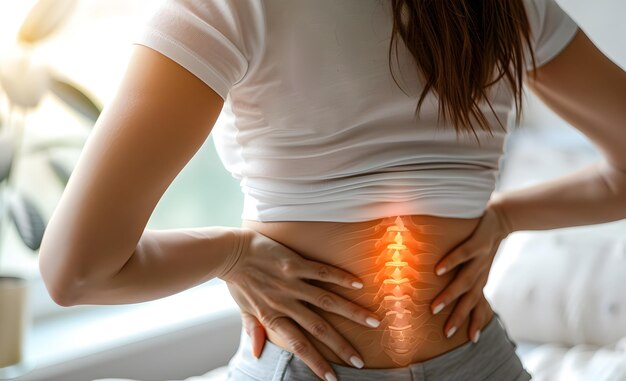 A woman touches her aching back suffering from spinal pain