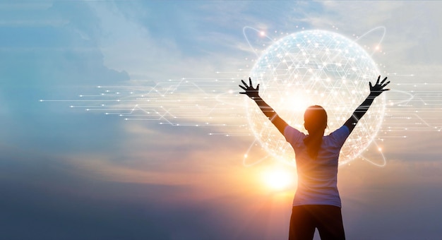 woman touching big global digital network connection on social network telecommunication concept