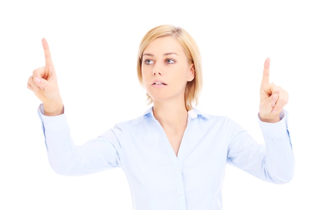 Woman touching future computer or pointing something