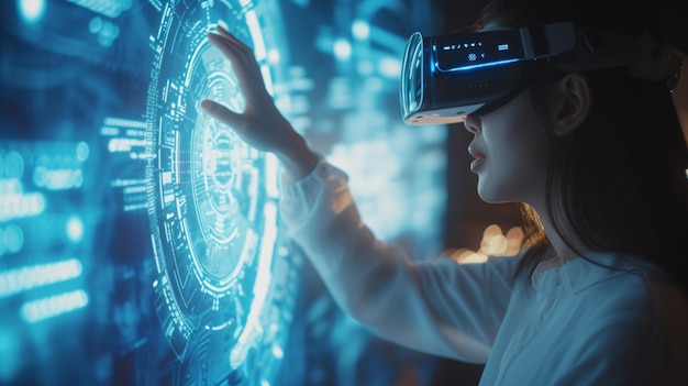 Photo woman touching futuristic screen while using vr glasses