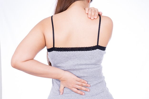 Woman touching neck and back pain isolated