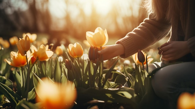 A woman touching a tulip in a field