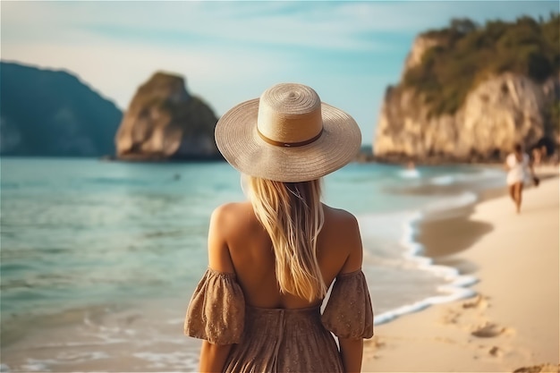 Woman tourist in a hat on the beach view from behind Generated ai