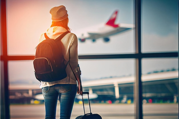 Woman tourist or traveler standing in transit hall of