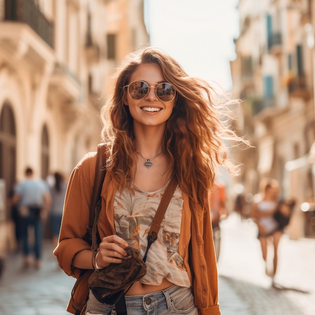 Foto turista donna con una telecamera