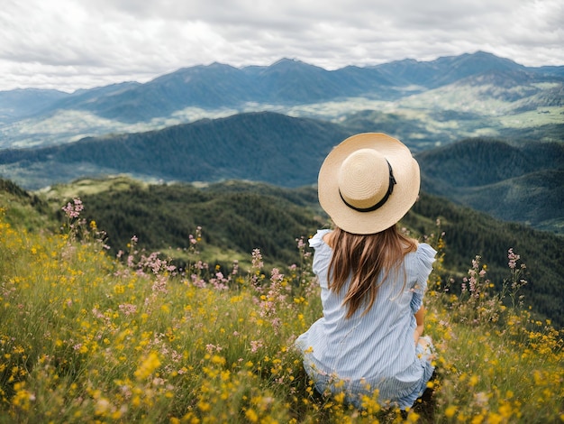 Woman tourist with cap relaxing in flowers admiring view