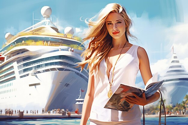 Woman tourist with map standing in front of big cruise liner travel female