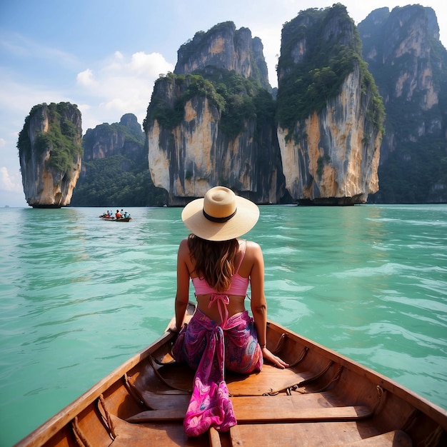 Woman tourists friends travel around Krabi sea trip