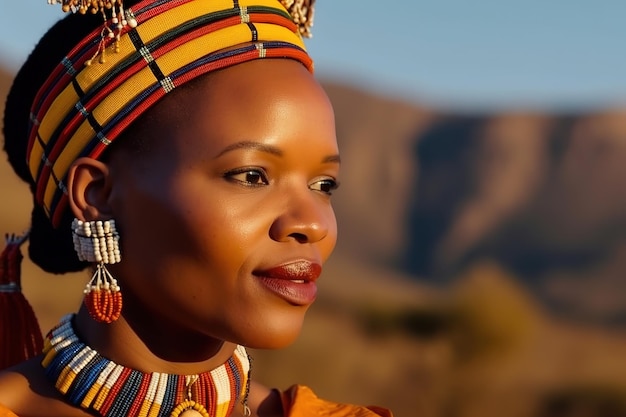 A woman in a traditional african dress stands in front of a mountain.