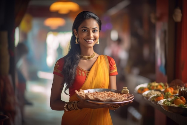 A woman in traditional attire holding a plate with a variety of delicious foods