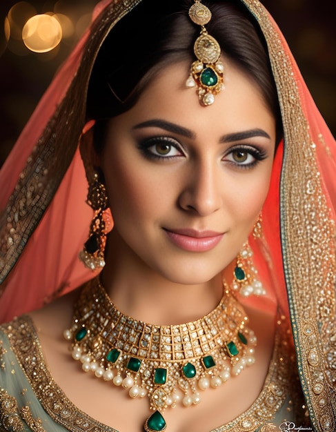 a woman in a traditional bridal costume with a gold and green necklace